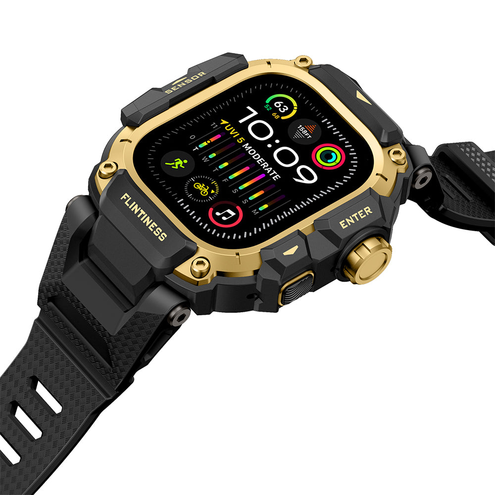 Apple Watch Ultra 49mm Mohseven iWatch Punk Fortress Serisi Kasa Koruyuculu Silikon Kordon Gold