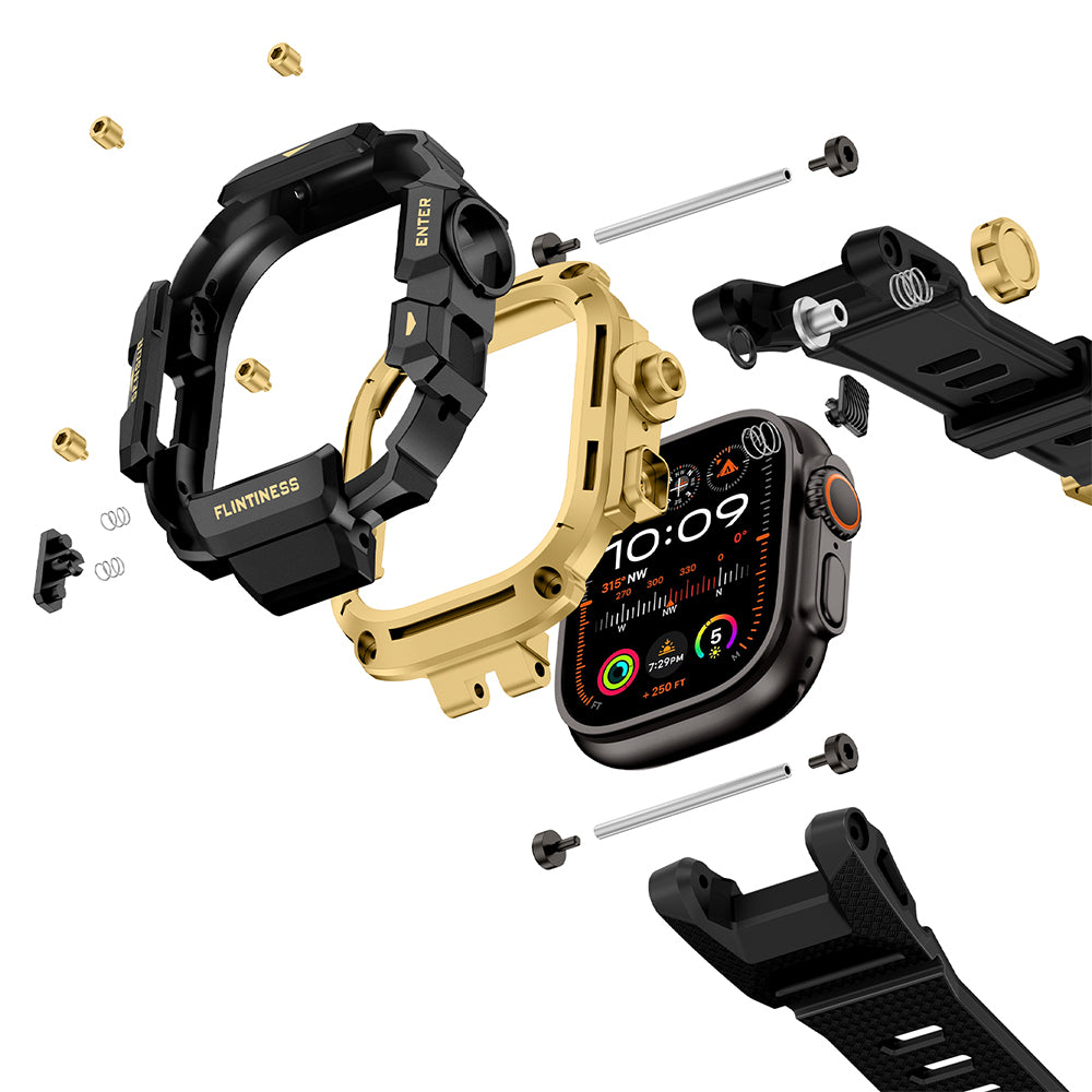 Apple Watch Ultra 49mm Mohseven iWatch Punk Fortress Serisi Kasa Koruyuculu Silikon Kordon Gold