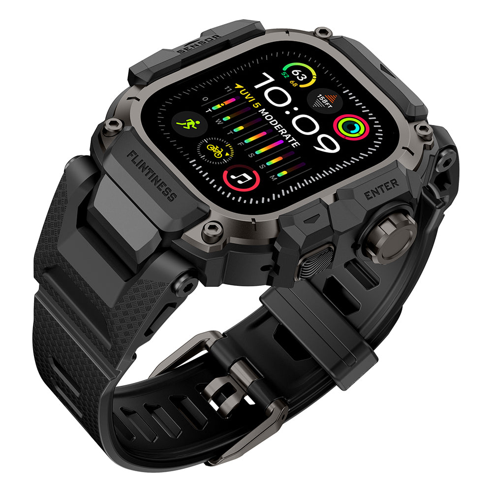 Apple Watch Ultra 49mm Mohseven iWatch Punk Fortress Serisi Kasa Koruyuculu Silikon Kordon Siyah