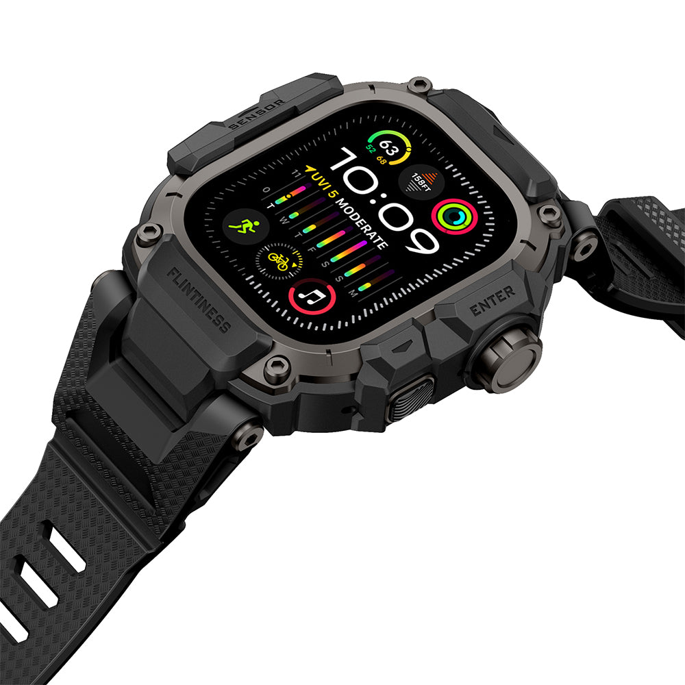 Apple Watch Ultra 49mm Mohseven iWatch Punk Fortress Serisi Kasa Koruyuculu Silikon Kordon Siyah