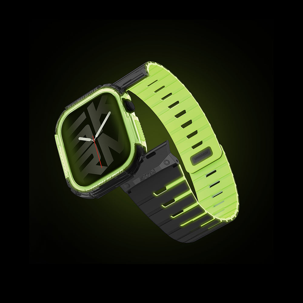 Apple Watch Ultra 49mm Skinarma Nightglow Atom TPU Kasa Koruyucu + Gemini Silikon Kordon Gri-Yeşil