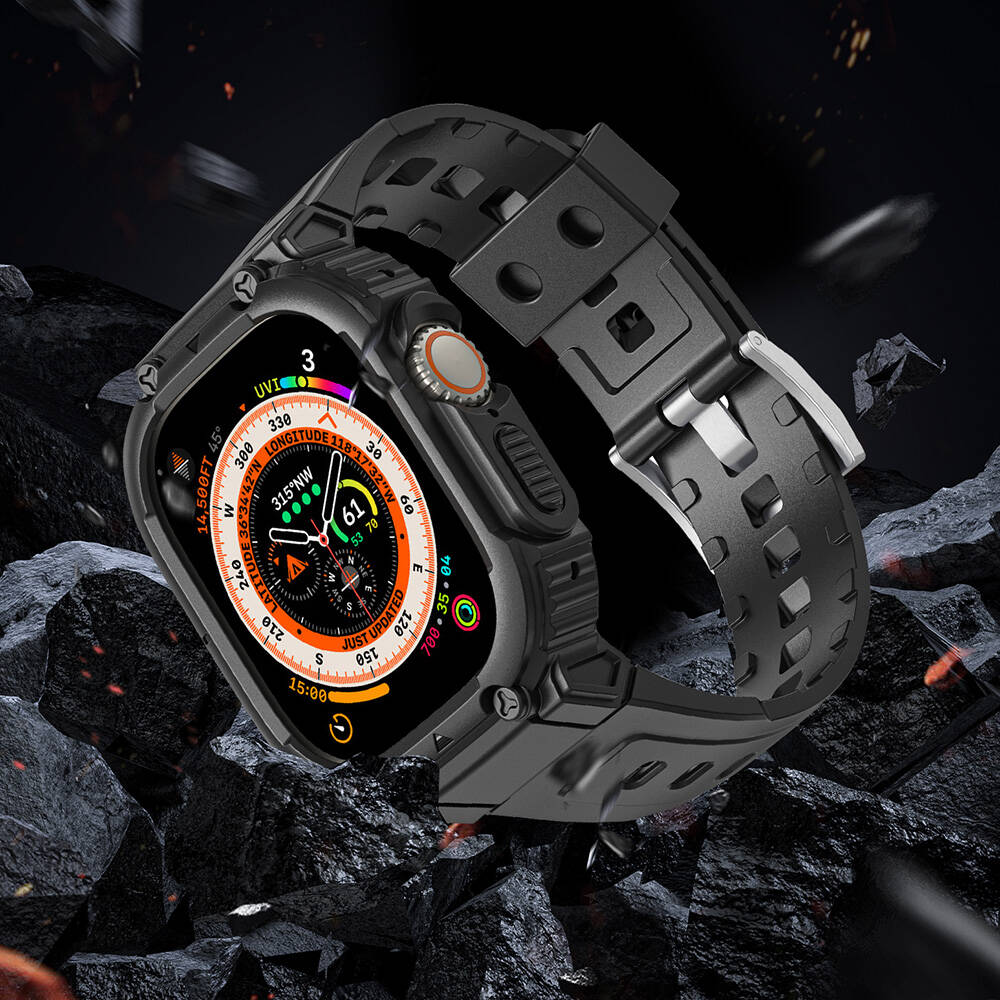 Watch Ultra 49mm Wiwu Wi-WB014 Armor Serisi 2in1 Sert PC Kasa Koruyuculu Silikon Kordon Siyah