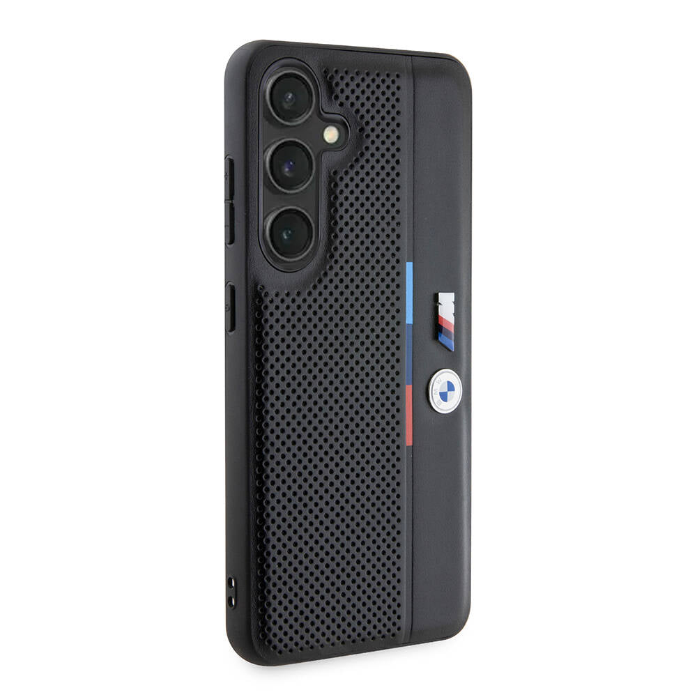 Galaxy S24 Kılıf BMW Orjinal Lisanslı M Logolu Üç Renk Çizgili Delikli Detail Line Kılıf Siyah