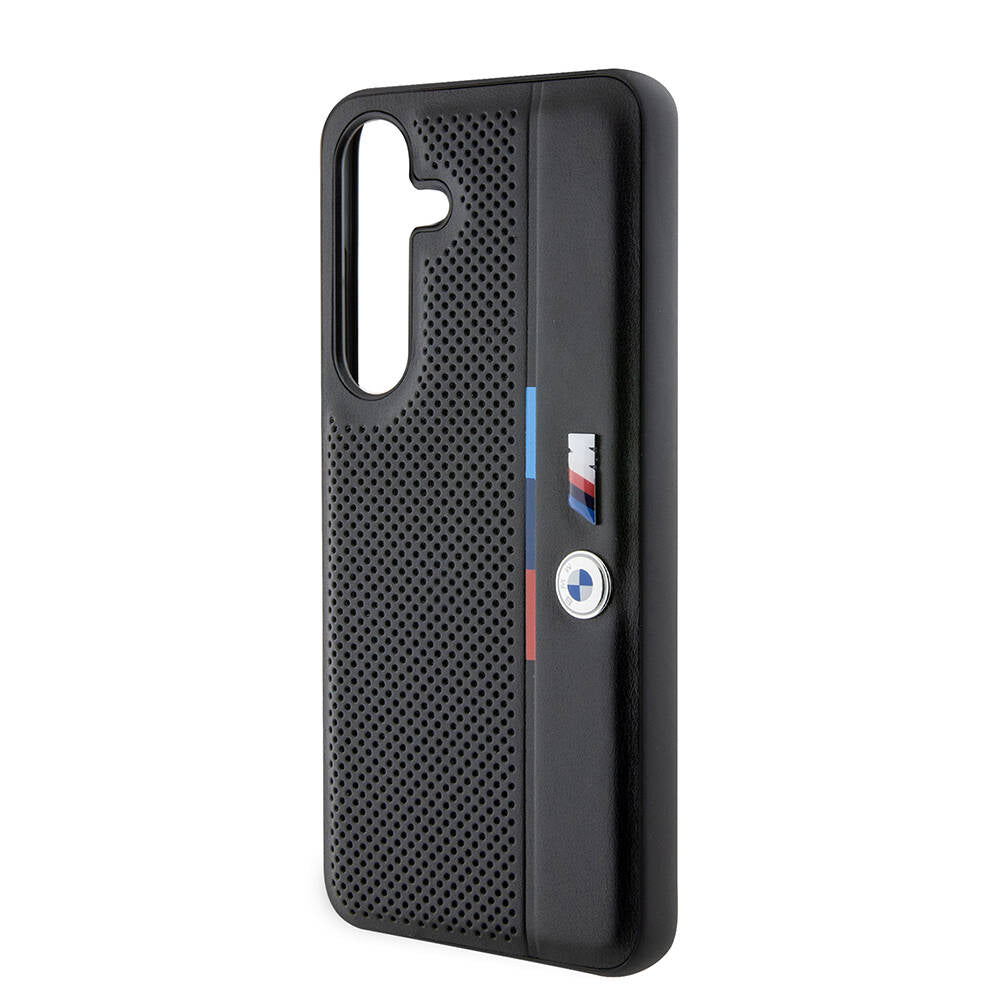 Galaxy S24 Kılıf BMW Orjinal Lisanslı M Logolu Üç Renk Çizgili Delikli Detail Line Kılıf Siyah