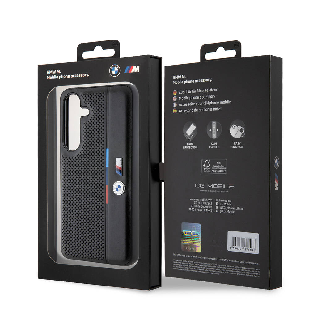 Galaxy S24 Kılıf BMW Orjinal Lisanslı M Logolu Üç Renk Çizgili Delikli Detail Line Kılıf Siyah
