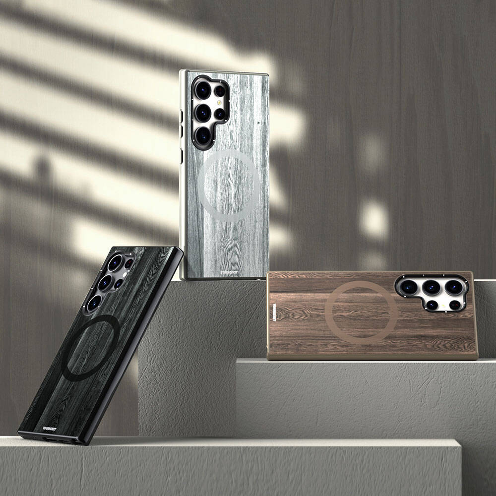 Galaxy S24 Ultra Kılıf Magsafe Şarj Özellikli Sararmaya Dayanıklı Youngkit Wood Forest Serisi Kılıf Kahverengi