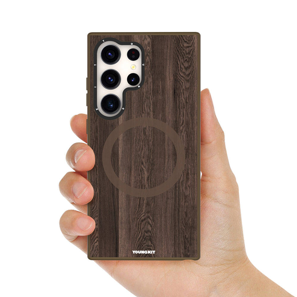Galaxy S24 Ultra Kılıf Magsafe Şarj Özellikli Sararmaya Dayanıklı Youngkit Wood Forest Serisi Kılıf Siyah