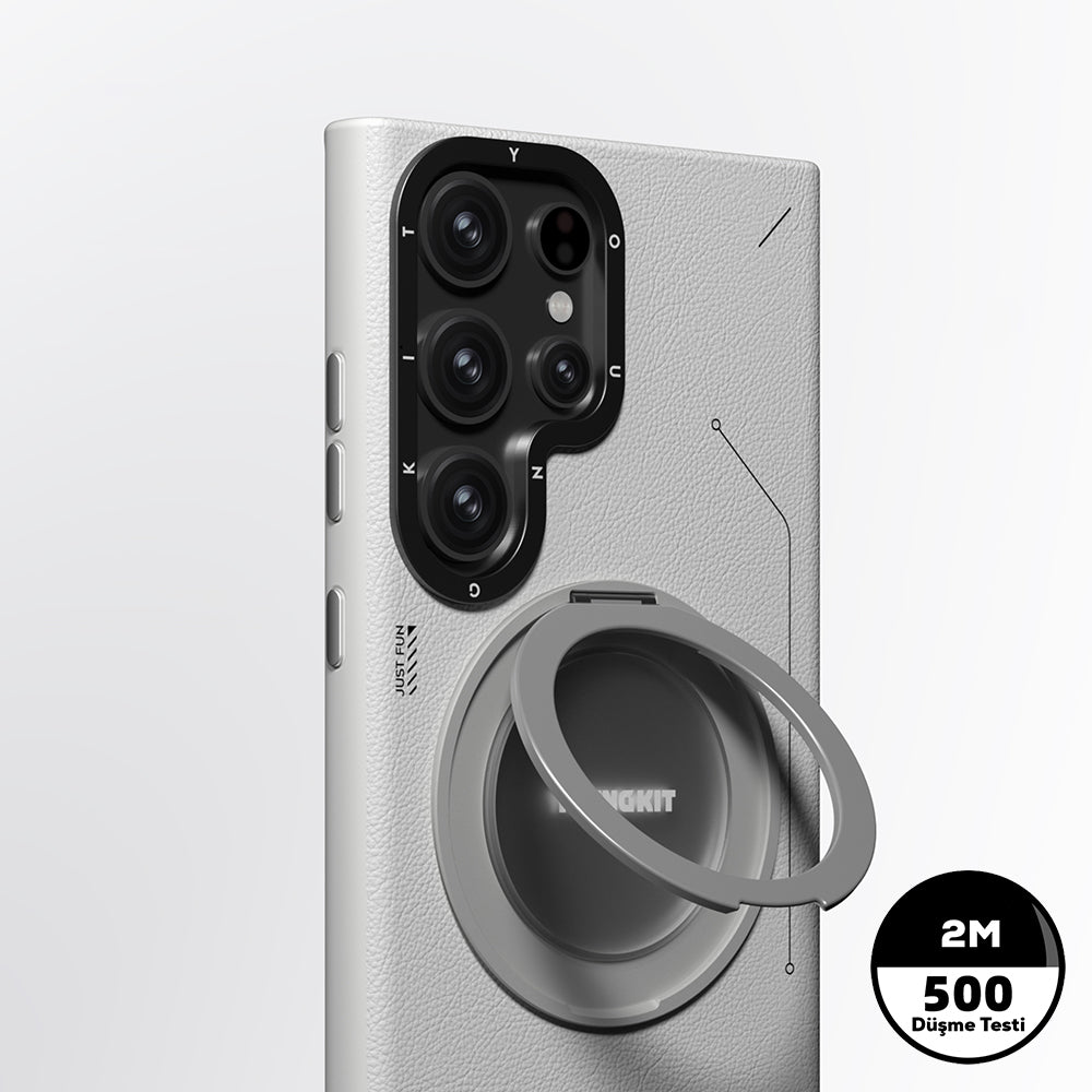 Galaxy S24 Ultra Kılıf Magsafe Şarj Özellikli 360° Standlı Basit Mat Deri Desenli Youngkit Tech Leather Serisi Kapak Kahverengi