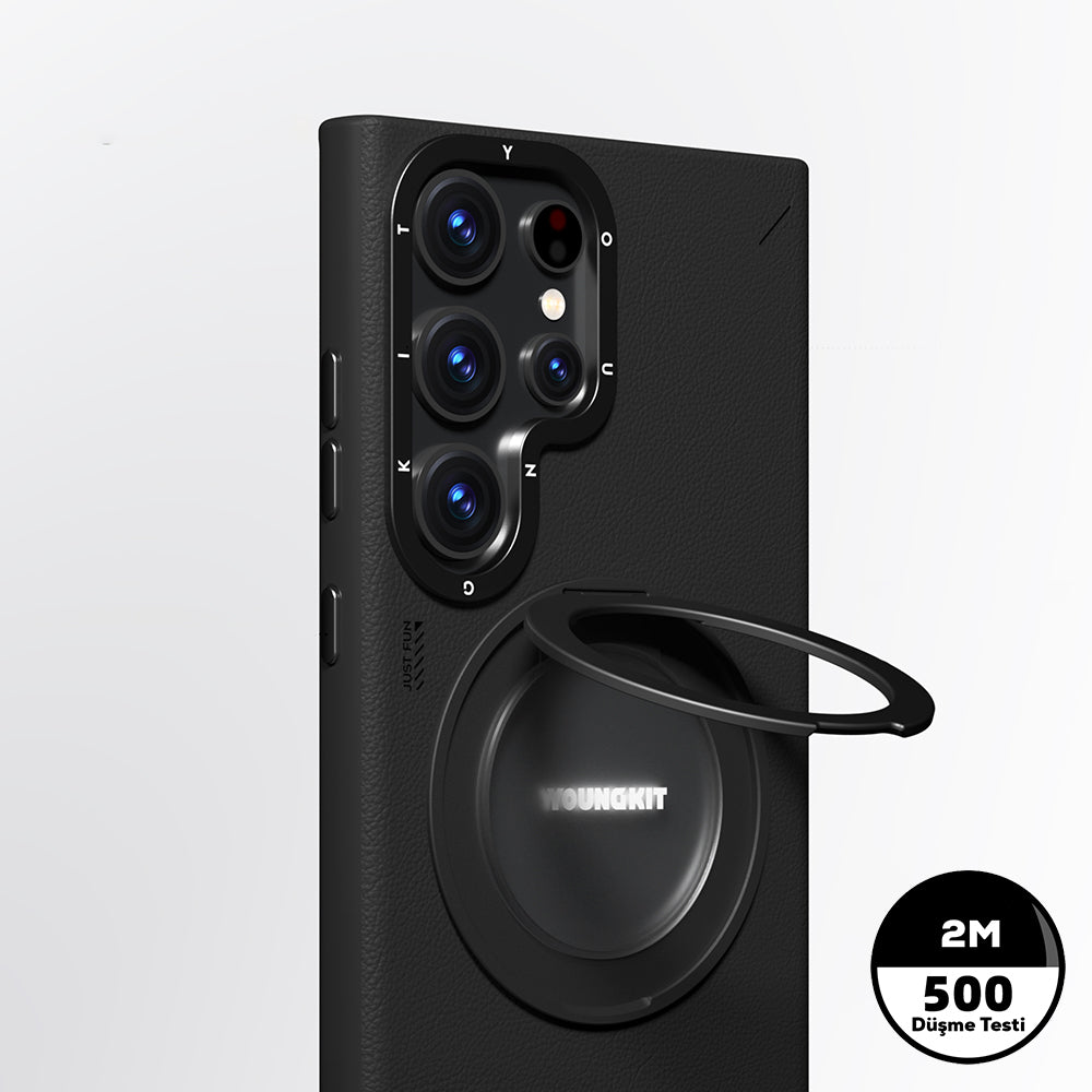 Galaxy S24 Ultra Kılıf Magsafe Şarj Özellikli 360° Standlı Basit Mat Deri Desenli Youngkit Tech Leather Serisi Kapak Kahverengi