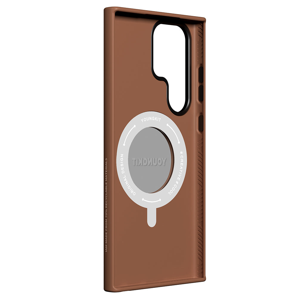 Galaxy S24 Ultra Kılıf Magsafe Şarj Özellikli 360° Standlı Basit Mat Deri Desenli Youngkit Tech Leather Serisi Kapak Kahverengi