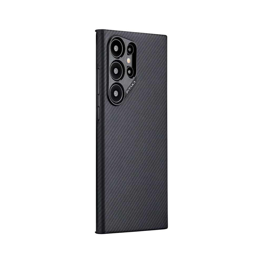 Galaxy S24 Ultra Kılıf Magsafe Şarj Özellikli 600D Aramid Fiber Pitaka Ultra-Slim Classic Serisi Black-Grey Twill Kılıf Siyah