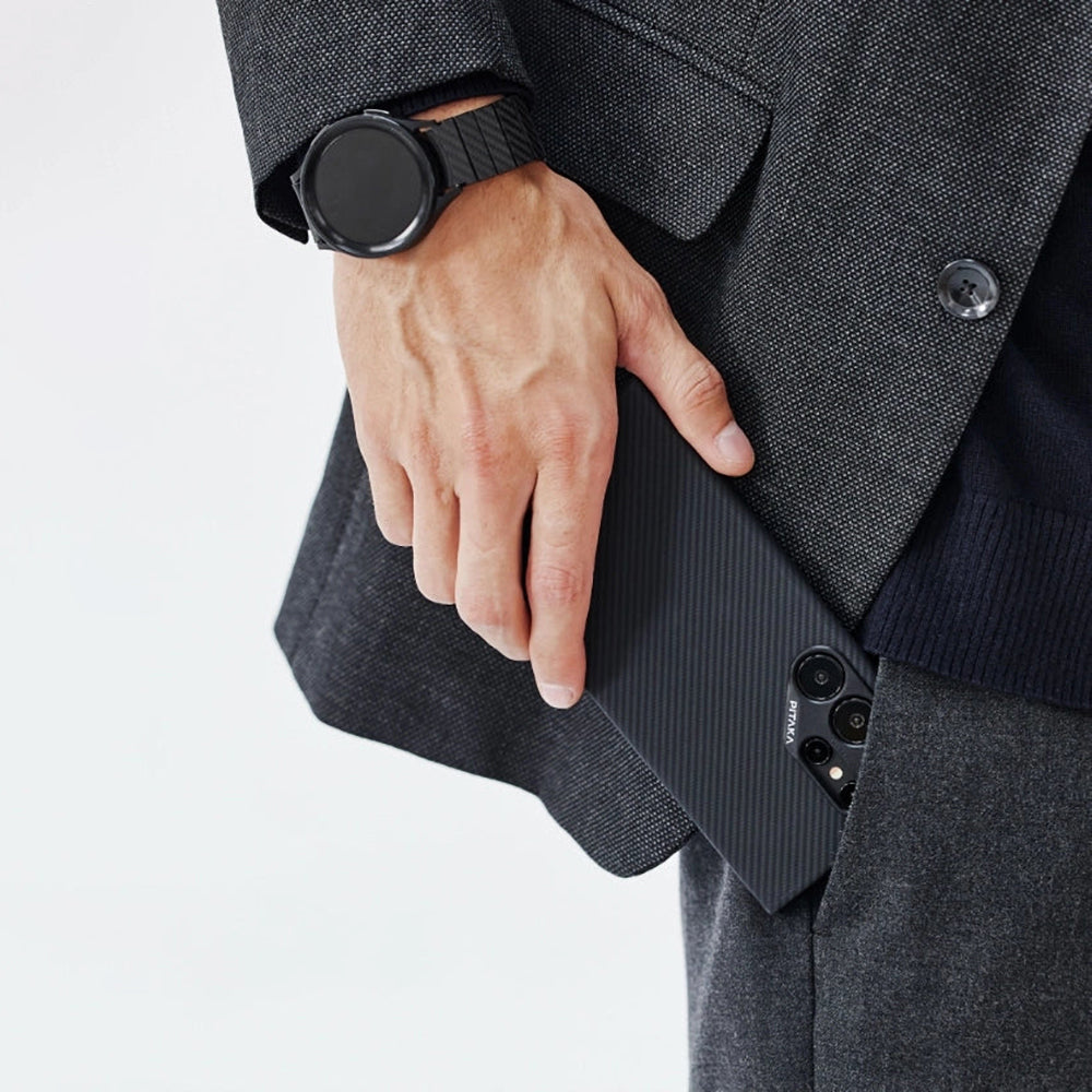 Galaxy S24 Ultra Kılıf Magsafe Şarj Özellikli 600D Aramid Fiber Pitaka Ultra-Slim Classic Serisi Black-Grey Twill Kılıf Siyah