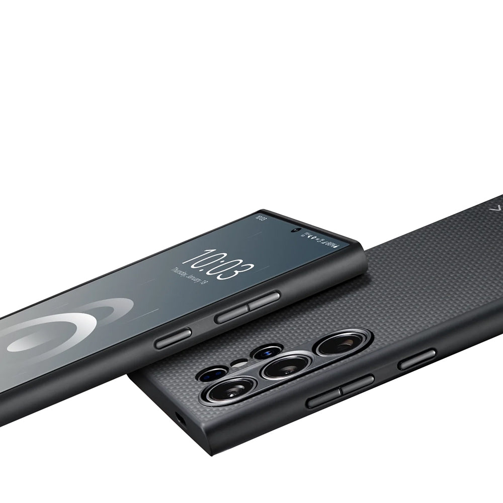 Galaxy S24 Ultra Kılıf Magsafe Şarj Özellikli Aramid Fiber 3 Fonksiyon Butonlu Pitaka PinButton Serisi Kılıf Siyah-Gri