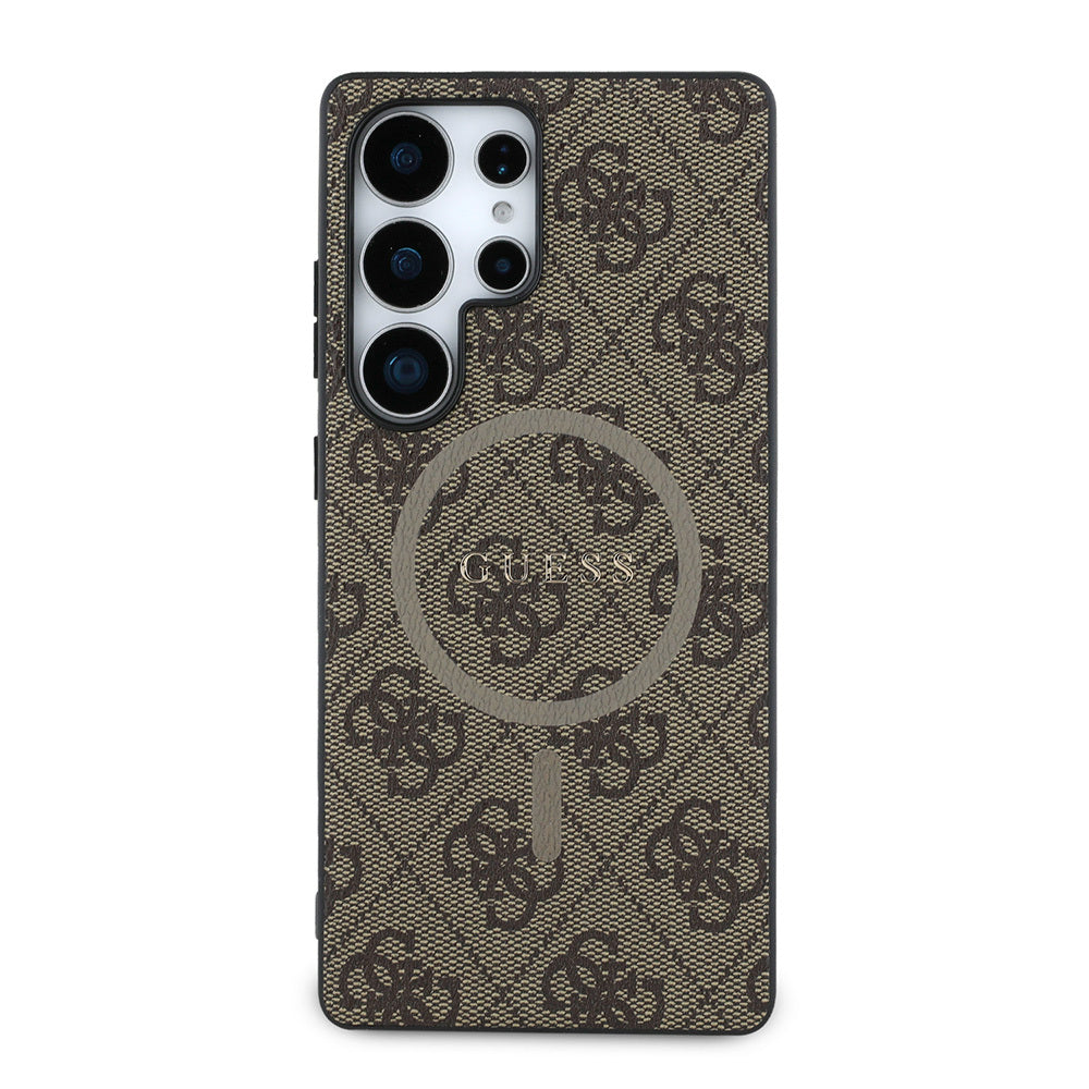 Galaxy S25 Ultra Kılıf Guess Orjinal Lisanslı M-safe Şarj Özellikli PU Halkalı 4G Desenli Yazı Logolu Kapak Kahverengi