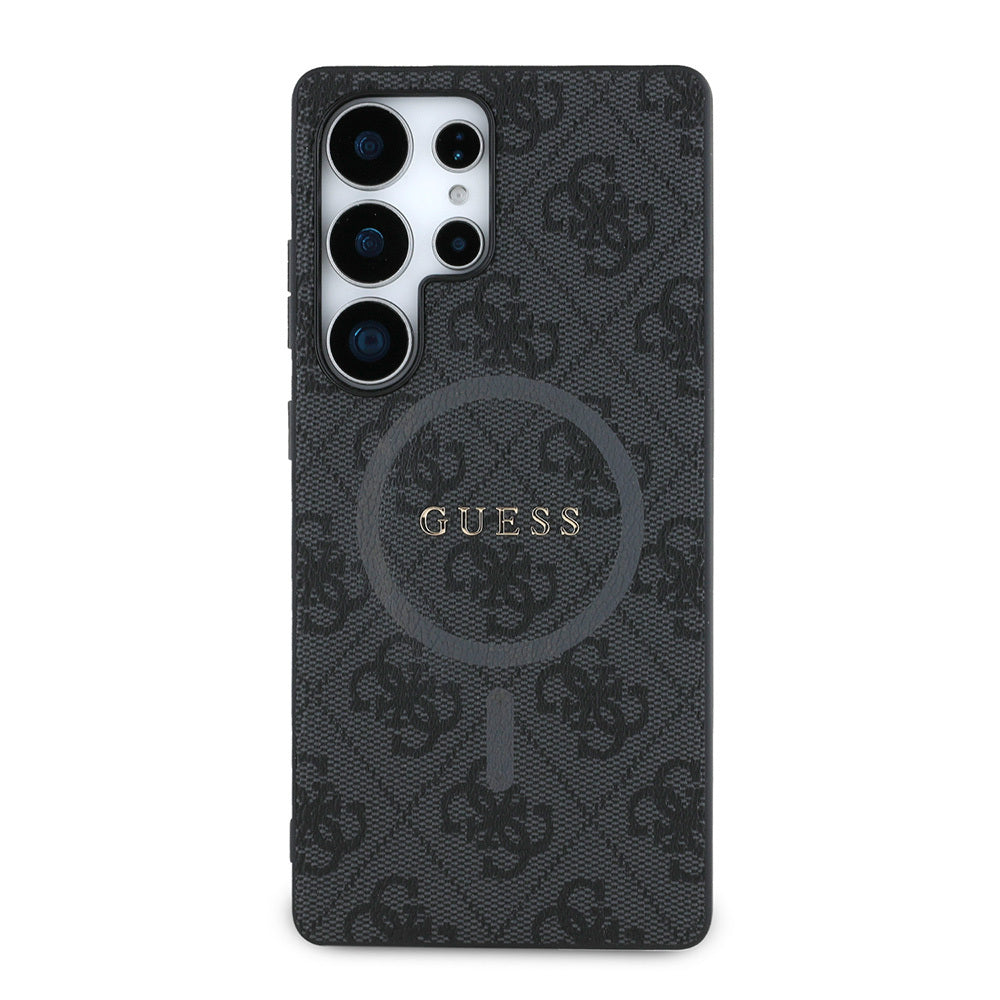 Galaxy S25 Ultra Kılıf Guess Orjinal Lisanslı M-safe Şarj Özellikli PU Halkalı 4G Desenli Yazı Logolu Kapak Siyah