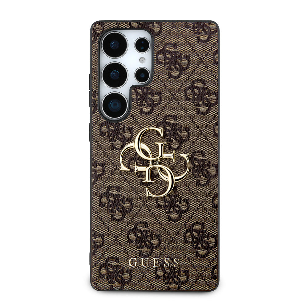 Galaxy S25 Ultra Kılıf Guess Orjinal Lisanslı PU Deri 4G Desenli Metal Büyük 4G ve Yazı Logolu Kapak Kahverengi