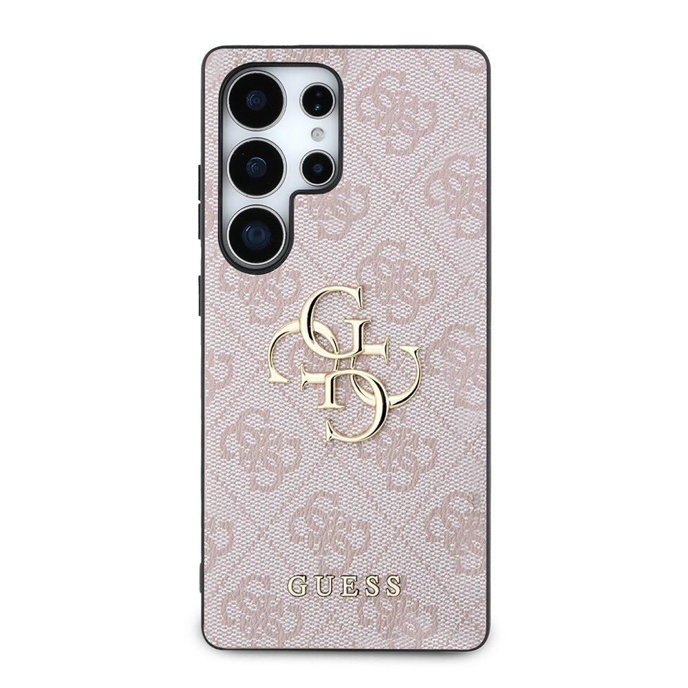 Galaxy S25 Ultra Kılıf Guess Orjinal Lisanslı PU Deri 4G Desenli Metal Büyük 4G ve Yazı Logolu Kapak Pembe