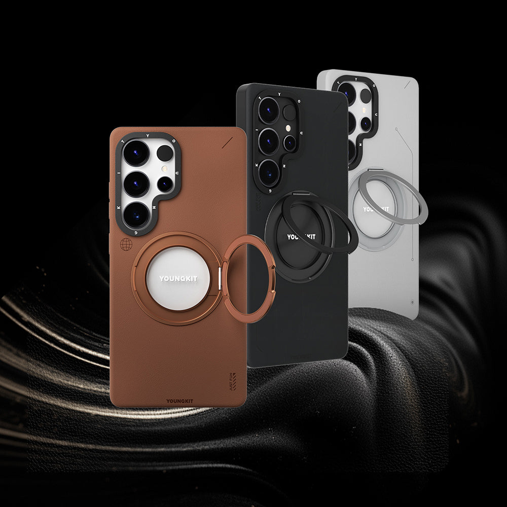 Galaxy S25 Ultra Kılıf Magsafe Şarj Özellikli 360° Standlı Basit Mat Deri Desenli Youngkit Tech Leather Serisi Kapak Kahverengi