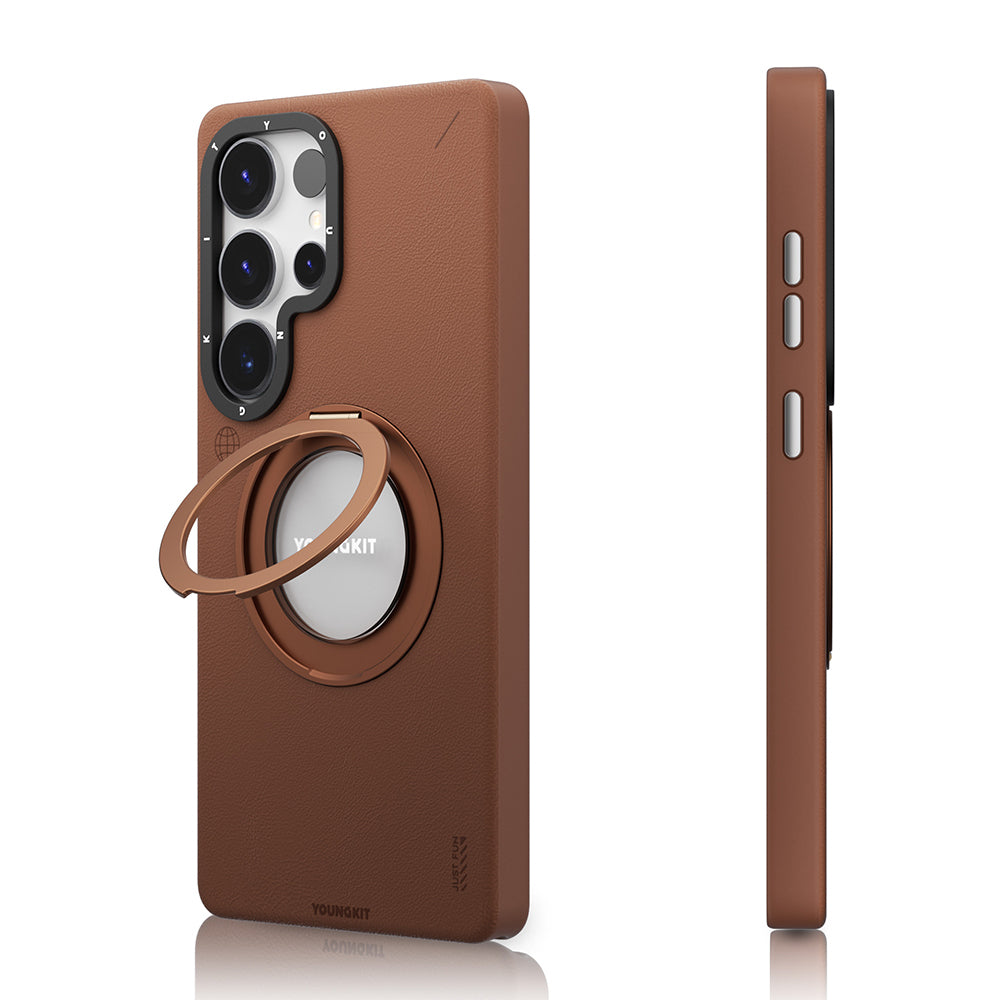 Galaxy S25 Ultra Kılıf Magsafe Şarj Özellikli 360° Standlı Basit Mat Deri Desenli Youngkit Tech Leather Serisi Kapak Kahverengi