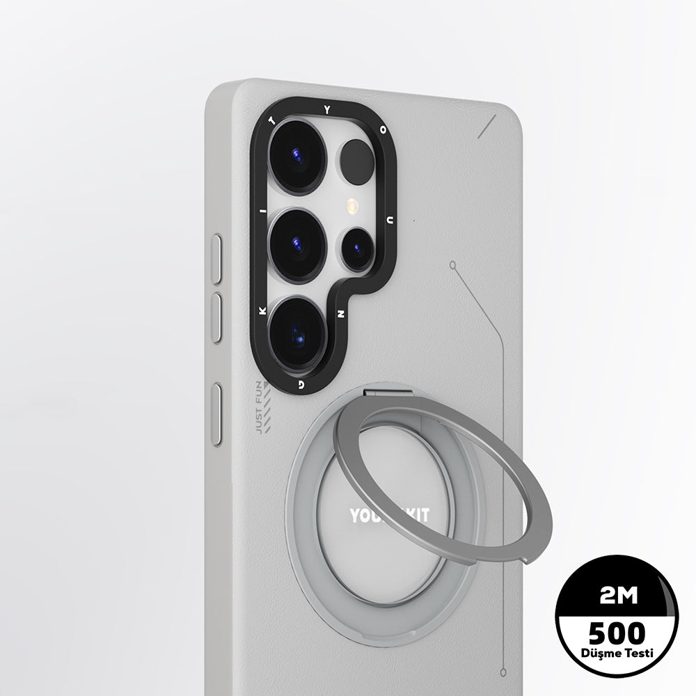 Galaxy S25 Ultra Kılıf Magsafe Şarj Özellikli 360° Standlı Basit Mat Deri Desenli Youngkit Tech Leather Serisi Kapak Siyah