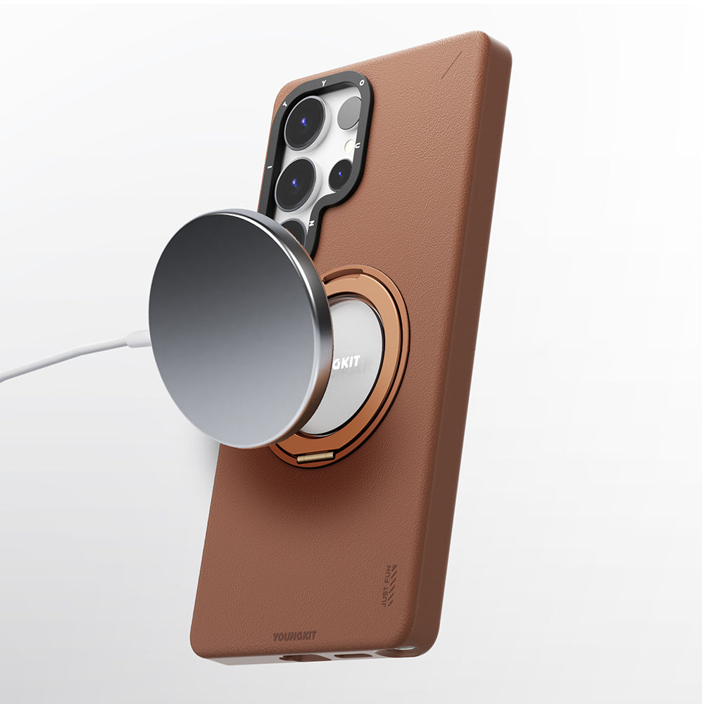 Galaxy S25 Ultra Kılıf Magsafe Şarj Özellikli 360° Standlı Basit Mat Deri Desenli Youngkit Tech Leather Serisi Kapak Kahverengi