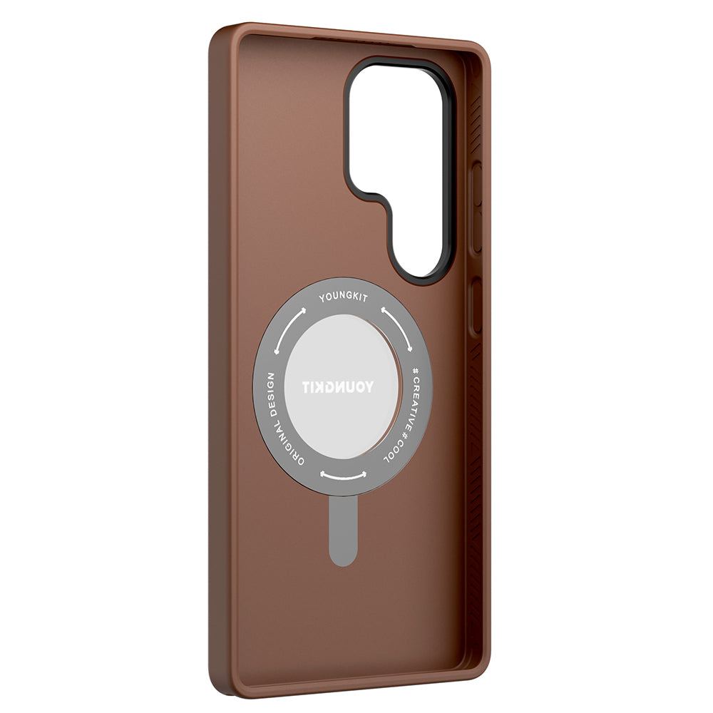 Galaxy S25 Ultra Kılıf Magsafe Şarj Özellikli 360° Standlı Basit Mat Deri Desenli Youngkit Tech Leather Serisi Kapak Siyah