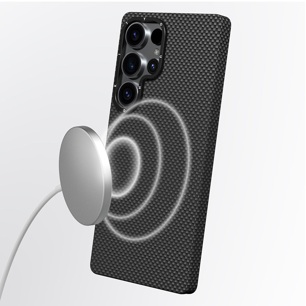 Galaxy S25 Ultra Kılıf Magsafe Şarj Özellikli Aramid Fiber Youngkit 1500D Kevlar Extreme Wing Serisi Kapak Siyah