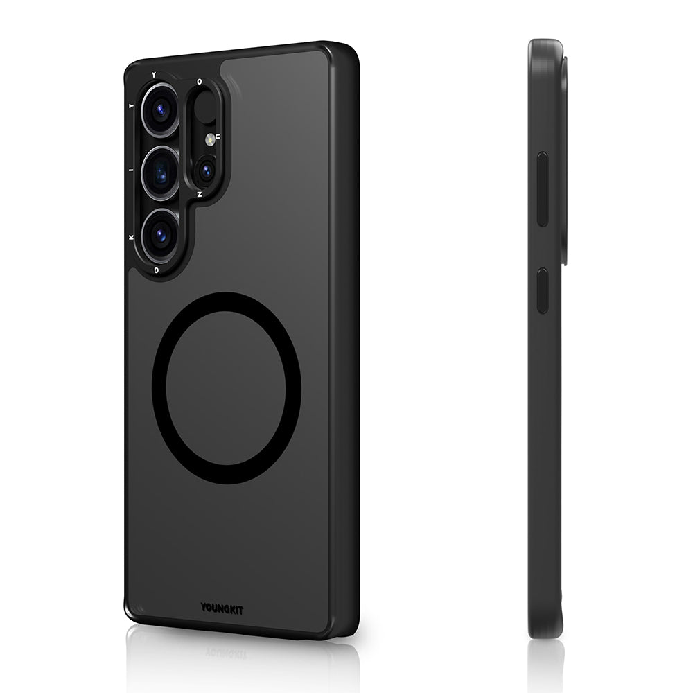 Galaxy S25 Ultra Kılıf M-safe Şarj Özellikli Cam Arka Yüzey TPU Youngkit Gemstone Serisi Kapak Şeffaf-Siyah