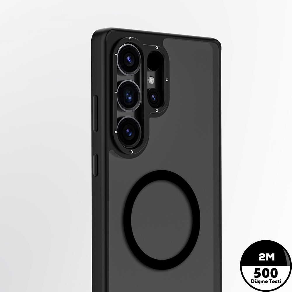 Galaxy S25 Ultra Kılıf M-safe Şarj Özellikli Cam Arka Yüzey TPU Youngkit Gemstone Serisi Kapak Şeffaf-Siyah
