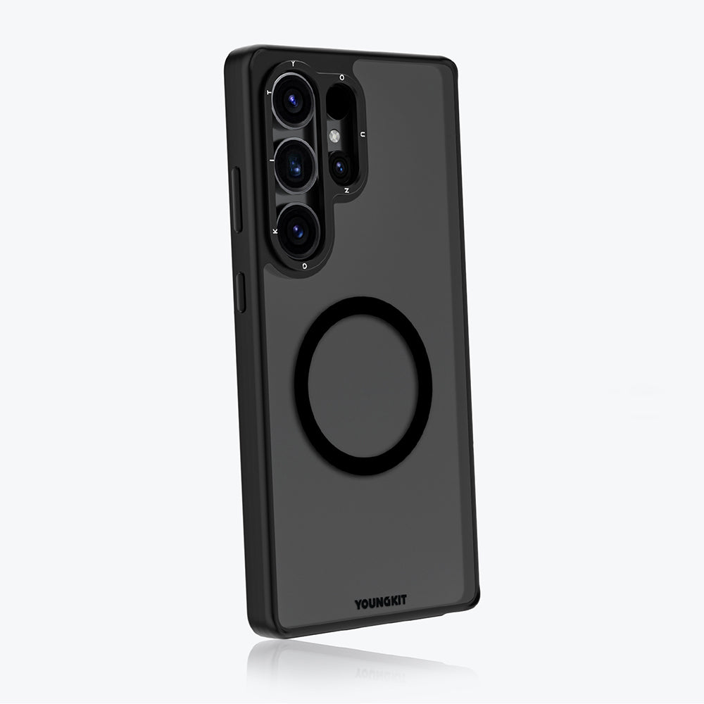 Galaxy S25 Ultra Kılıf M-safe Şarj Özellikli Cam Arka Yüzey TPU Youngkit Gemstone Serisi Kapak Şeffaf-Siyah