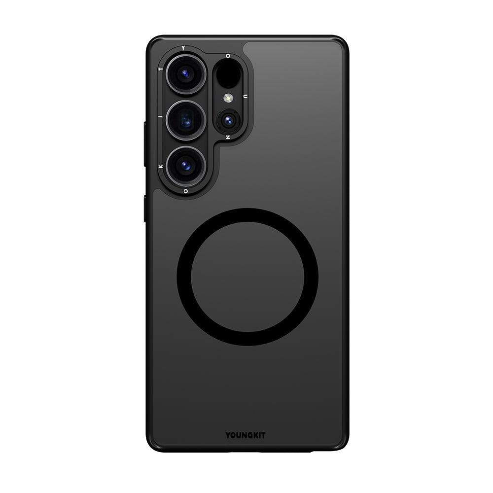 Galaxy S25 Ultra Kılıf M-safe Şarj Özellikli Cam Arka Yüzey TPU Youngkit Gemstone Serisi Kapak Şeffaf-Siyah