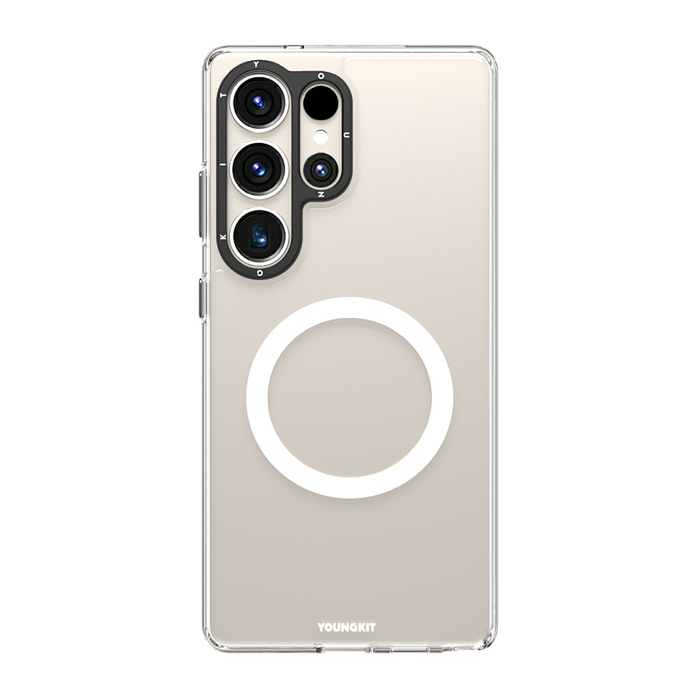 Galaxy S25 Ultra Kılıf M-safe Şarj Özellikli Cam Arka Yüzey TPU Youngkit Gemstone Serisi Kapak Şeffaf-Siyah