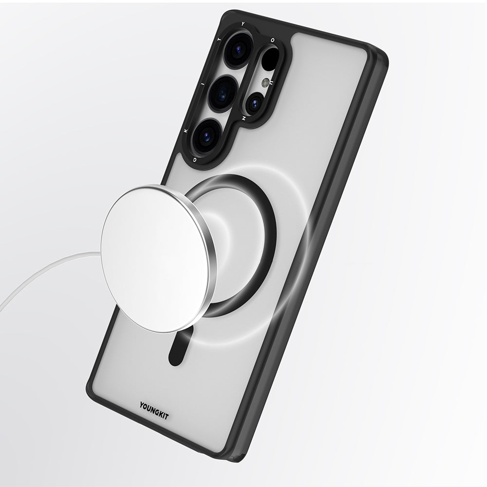 Galaxy S25 Ultra Kılıf M-safe Şarj Özellikli Cam Arka Yüzey TPU Youngkit Gemstone Serisi Kapak Şeffaf-Siyah