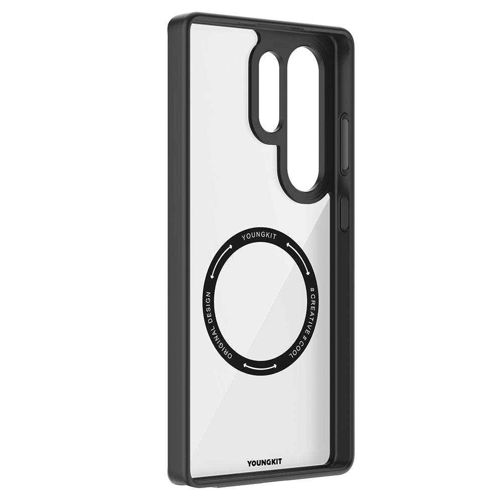 Galaxy S25 Ultra Kılıf M-safe Şarj Özellikli Cam Arka Yüzey TPU Youngkit Gemstone Serisi Kapak Şeffaf-Siyah