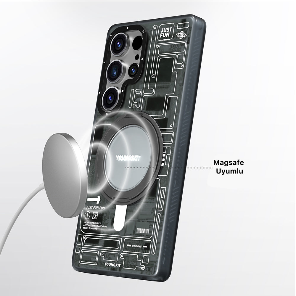 Galaxy S25 Ultra Kılıf Magsafe Şarj Özellikli Youngkit 360° Standlı Technology Serisi Kapak Gri