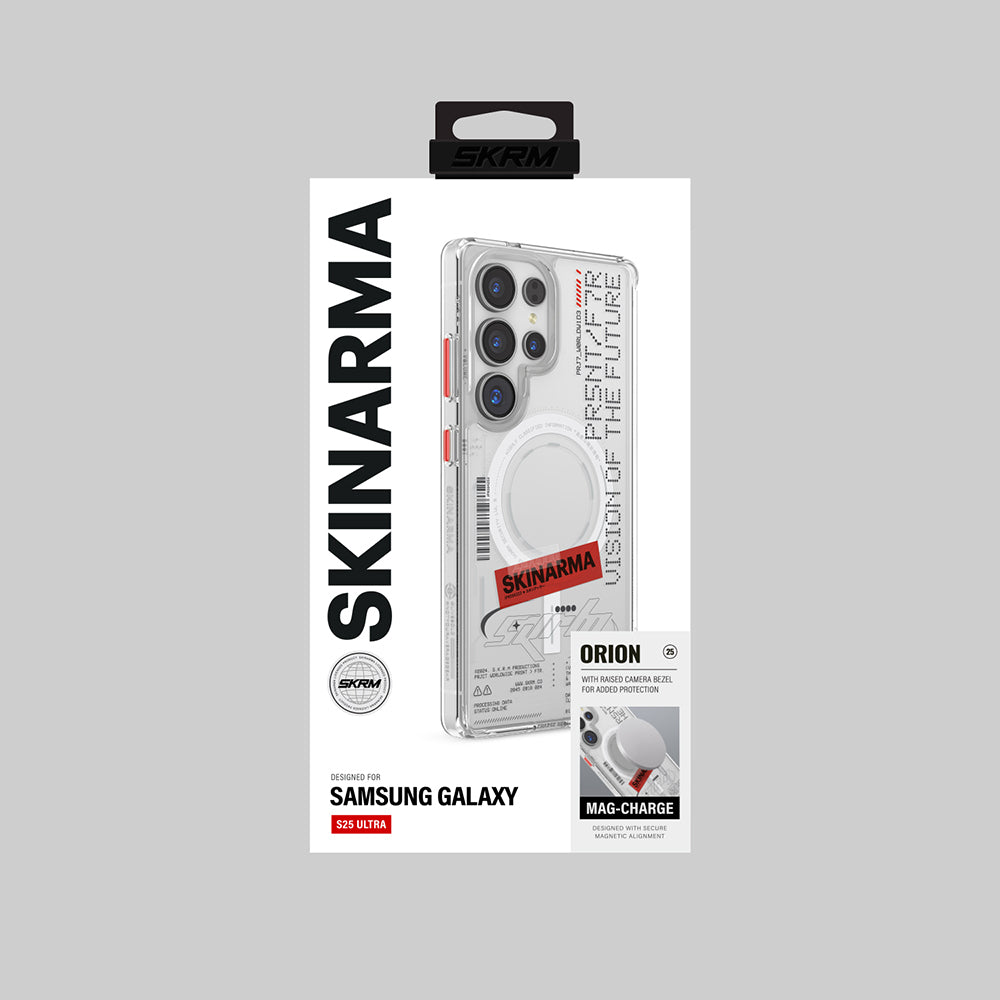 Galaxy S25 Ultra Kılıf Skinarma Magsafe Şarj Özellikli Yazı Desenli Airbag Tasarımlı Orion Kapak Şeffaf