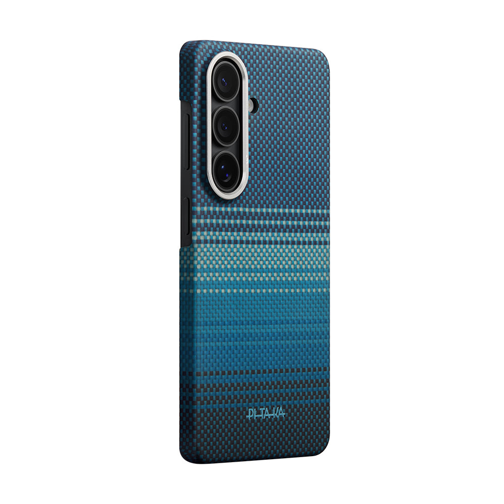 Galaxy S26 Kılıf M-safe Şarj Özellikli Aramid Fiber Pitaka Tactile Woven Sunset-Moonrise Serisi Kapak Mavi