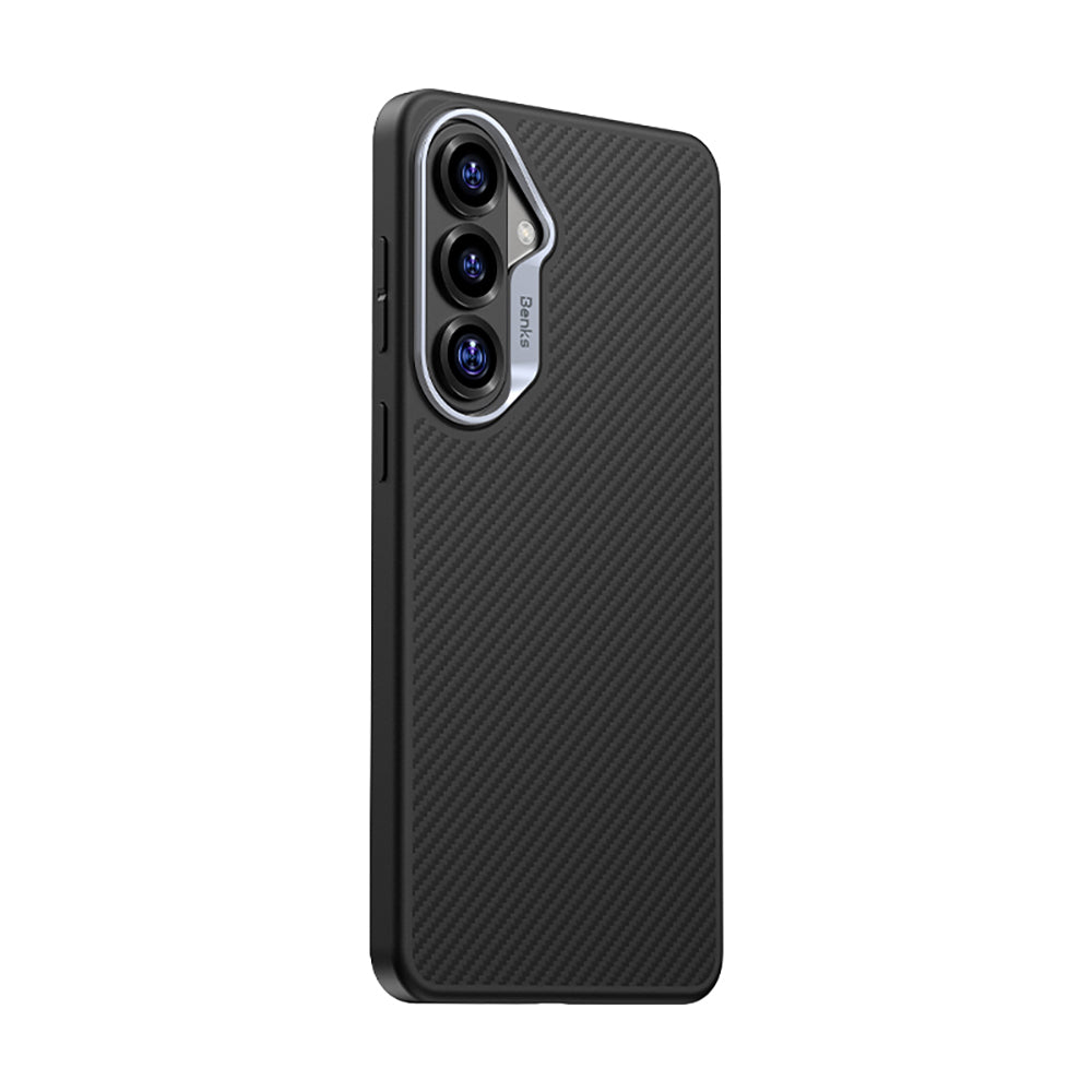 Galaxy S26 Plus Kılıf Karbon Fiber M-safe Şarj Özellikli Benks Hybrid ArmorPro 600D Kevlar Kapak Siyah