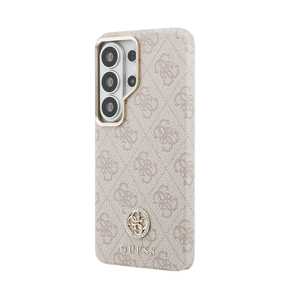Galaxy S26 Ultra Kılıf Guess Orjinal Lisanslı M-safe Şarj Özellikli Gold Metal Kamera Çerçeveli Taşlı 4G Logolu Kapak Pembe