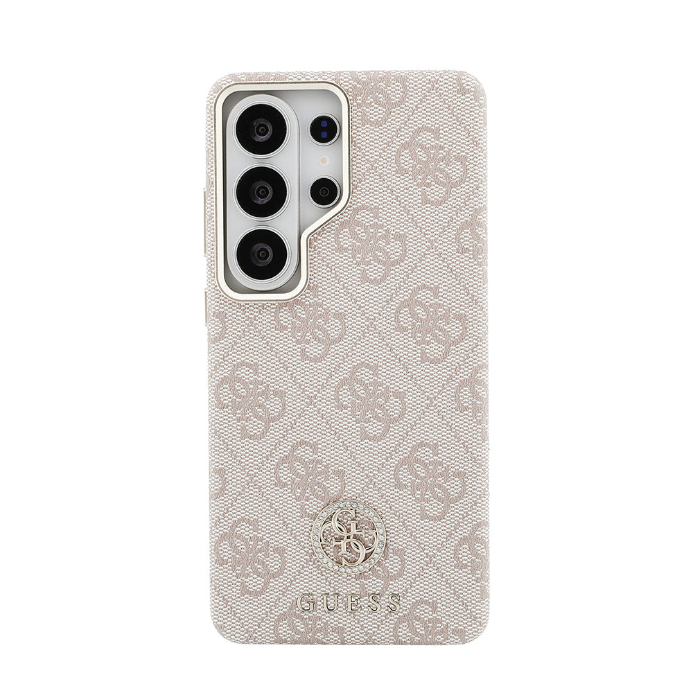 Galaxy S26 Ultra Kılıf Guess Orjinal Lisanslı M-safe Şarj Özellikli Gold Metal Kamera Çerçeveli Taşlı 4G Logolu Kapak Pembe