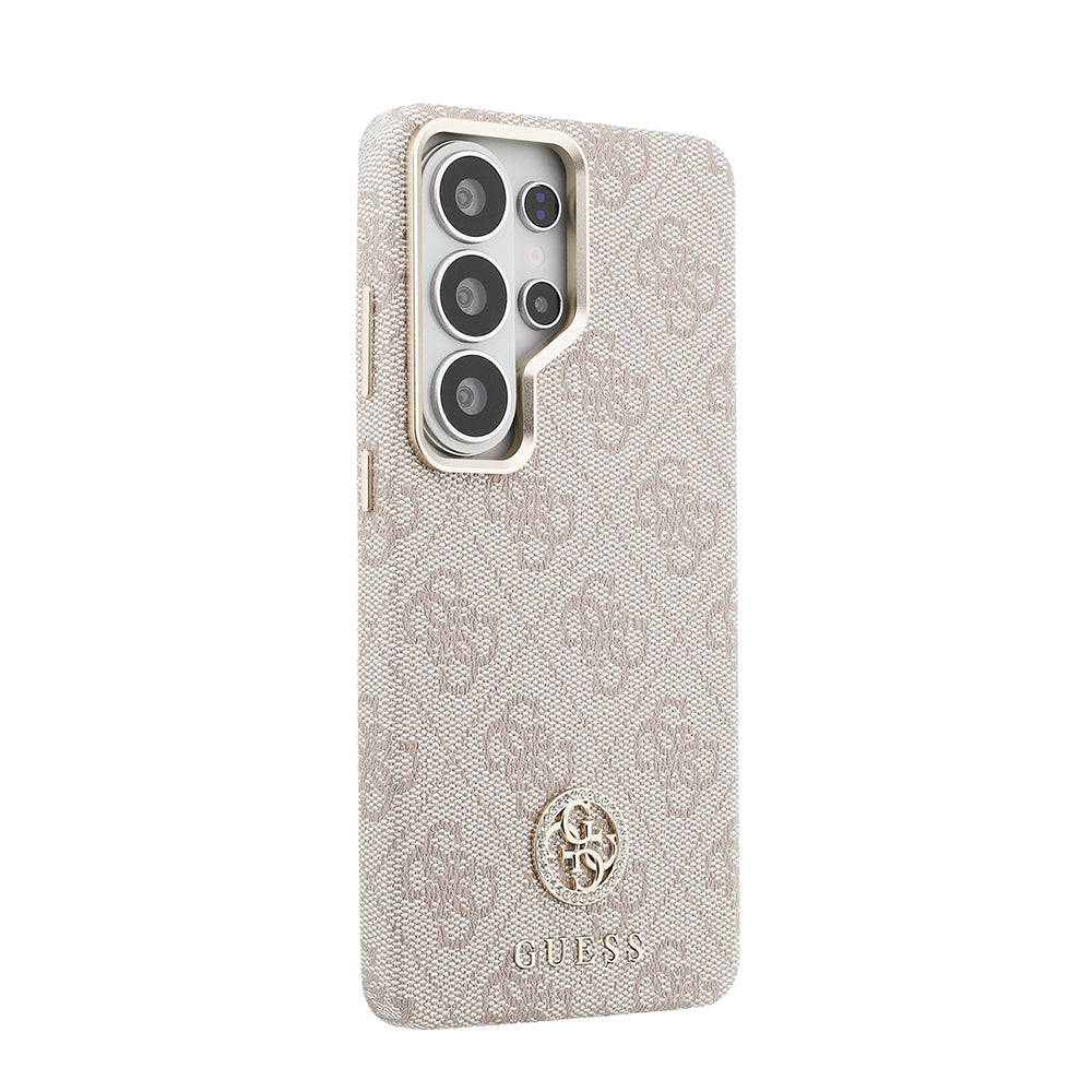 Galaxy S26 Ultra Kılıf Guess Orjinal Lisanslı M-safe Şarj Özellikli Gold Metal Kamera Çerçeveli Taşlı 4G Logolu Kapak Pembe