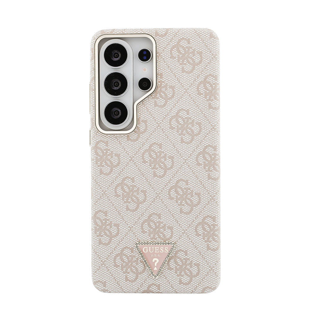 Galaxy S26 Ultra Kılıf Guess Orjinal Lisanslı M-safe Şarj Özellikli Gold Metal Kamera Çerçeveli Taşlı Üçgen Logo 4G Desenli Kapak Pembe