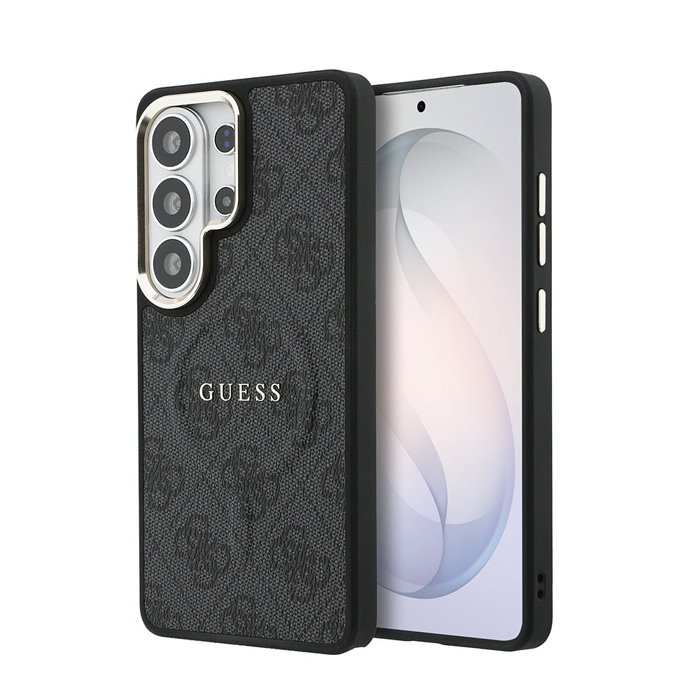 Galaxy S26 Ultra Kılıf Guess Orjinal Lisanslı M-safe Şarj Özellikli Metal Kamera Çerçeveli PU Deri 4G Desenli Yazı Logolu Kapak Siyah