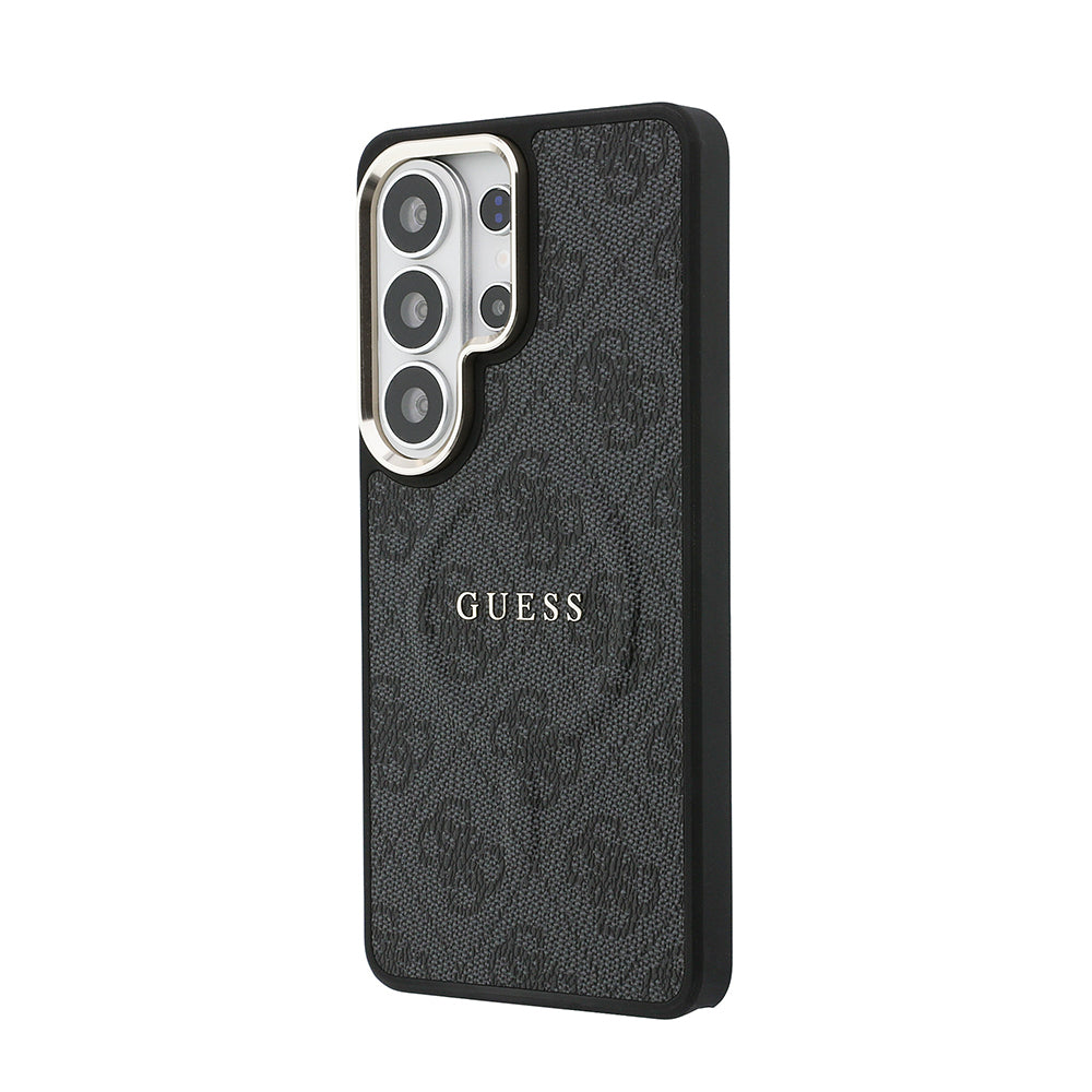 Galaxy S26 Ultra Kılıf Guess Orjinal Lisanslı M-safe Şarj Özellikli Metal Kamera Çerçeveli PU Deri 4G Desenli Yazı Logolu Kapak Siyah