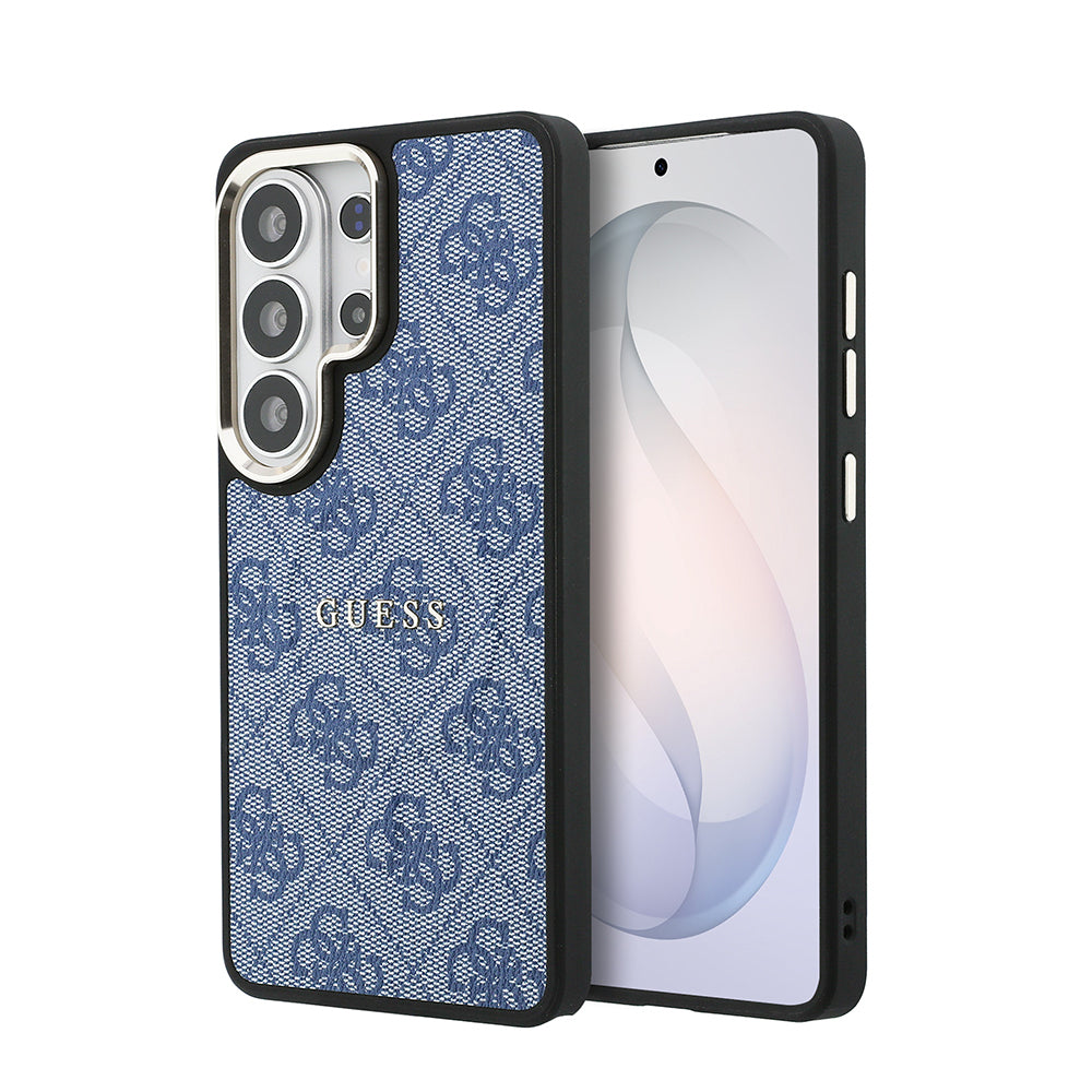 Galaxy S26 Ultra Kılıf Guess Orjinal Lisanslı M-safe Şarj Özellikli Metal Kamera Çerçeveli PU Deri 4G Desenli Yazı Logolu Kapak Mavi
