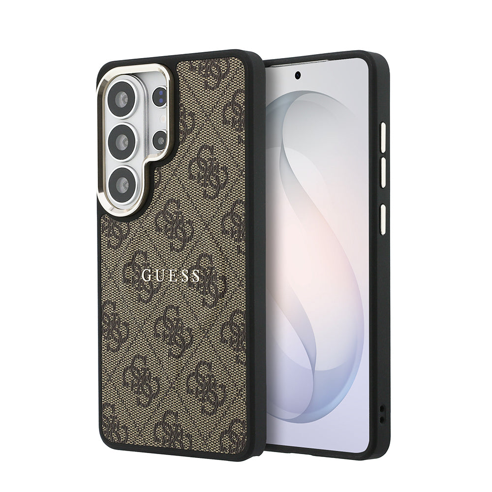 Galaxy S26 Ultra Kılıf Guess Orjinal Lisanslı M-safe Şarj Özellikli Metal Kamera Çerçeveli PU Deri 4G Desenli Yazı Logolu Kapak Kahverengi