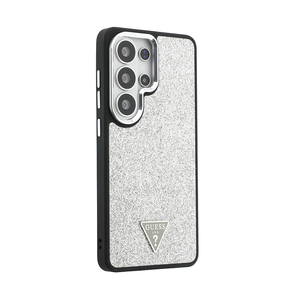 Galaxy S26 Ultra Kılıf Guess Orjinal Lisanslı M-safe Şarj Özellikli Metal Kamera Çerçeveli Üçgen Logolu Glitter Kapak Gümüş