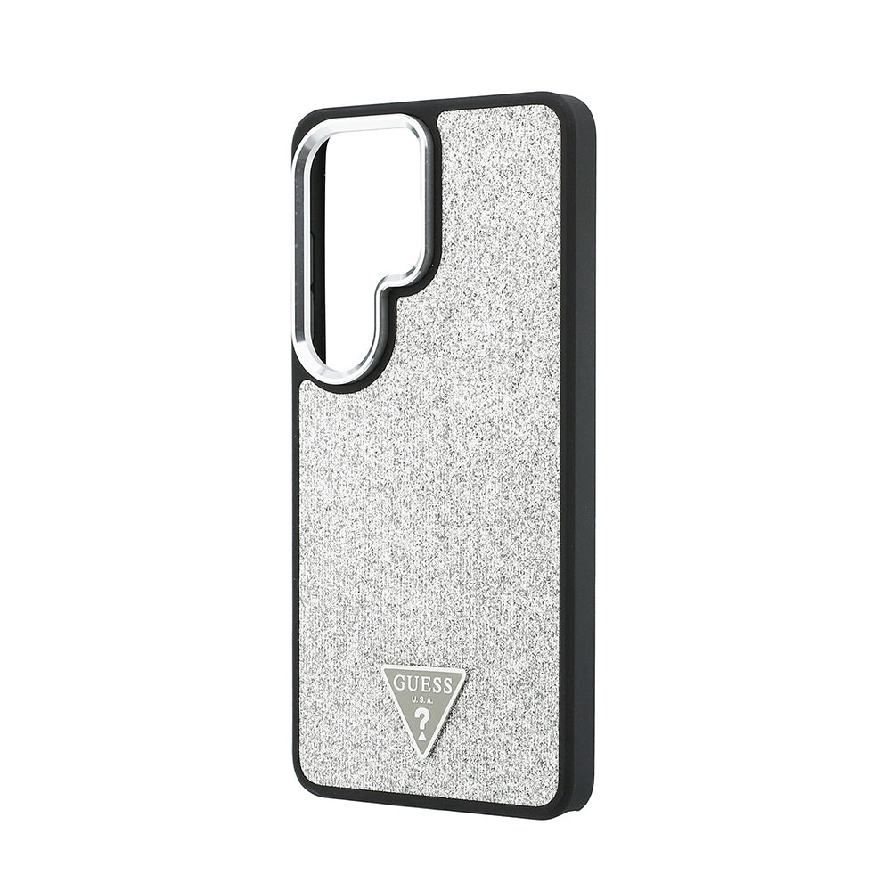 Galaxy S26 Ultra Kılıf Guess Orjinal Lisanslı M-safe Şarj Özellikli Metal Kamera Çerçeveli Üçgen Logolu Glitter Kapak Gümüş