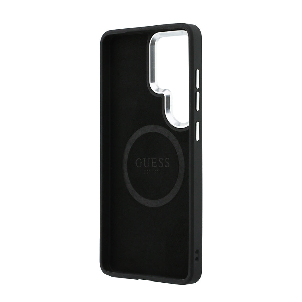 Galaxy S26 Ultra Kılıf Guess Orjinal Lisanslı M-safe Şarj Özellikli Metal Kamera Çerçeveli Üçgen Logolu Glitter Kapak Siyah