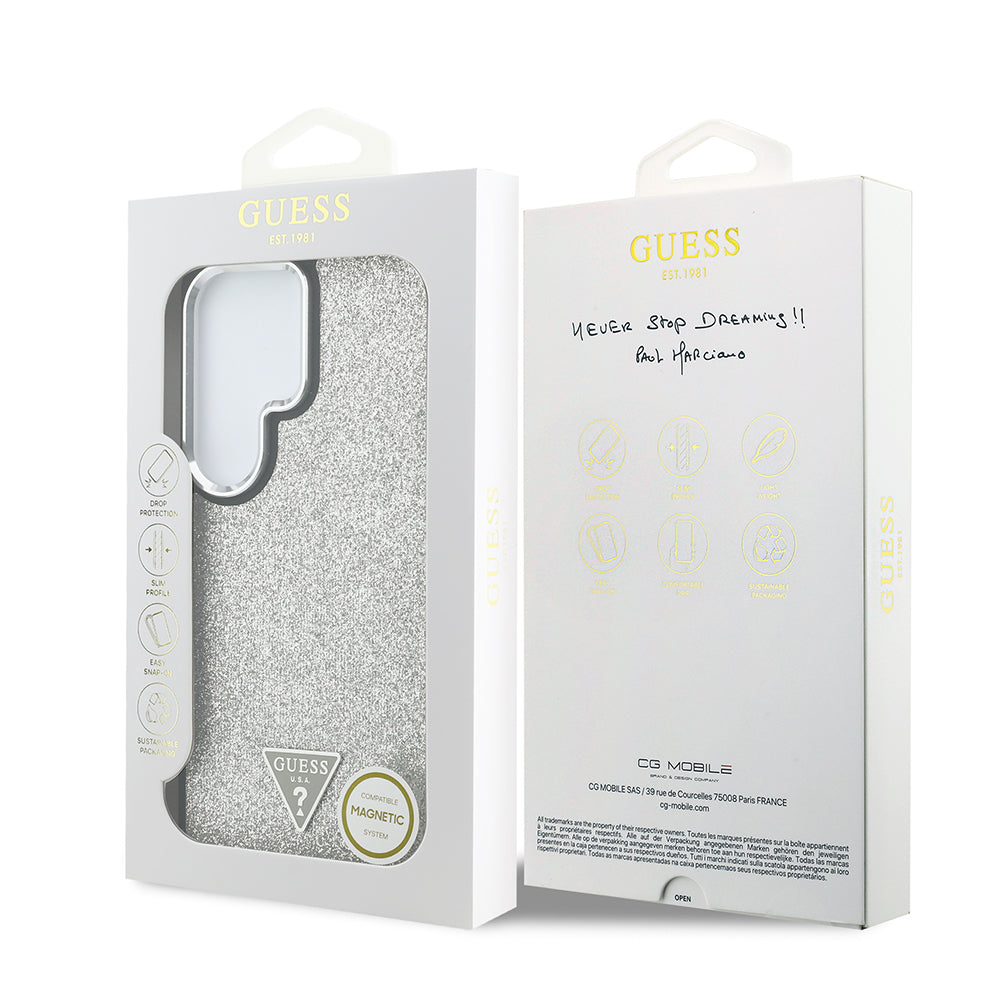 Galaxy S26 Ultra Kılıf Guess Orjinal Lisanslı M-safe Şarj Özellikli Metal Kamera Çerçeveli Üçgen Logolu Glitter Kapak Gümüş